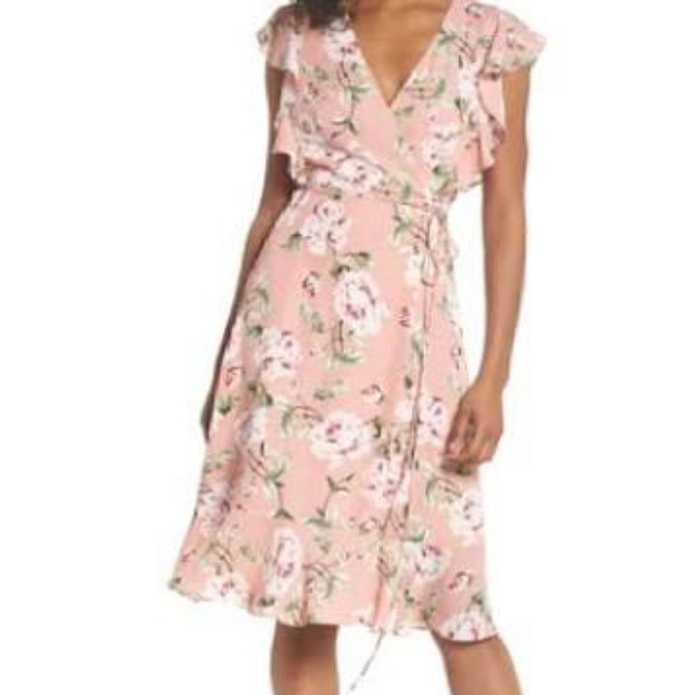 Charles Henry Pink Floral Midi Wrap Dress
